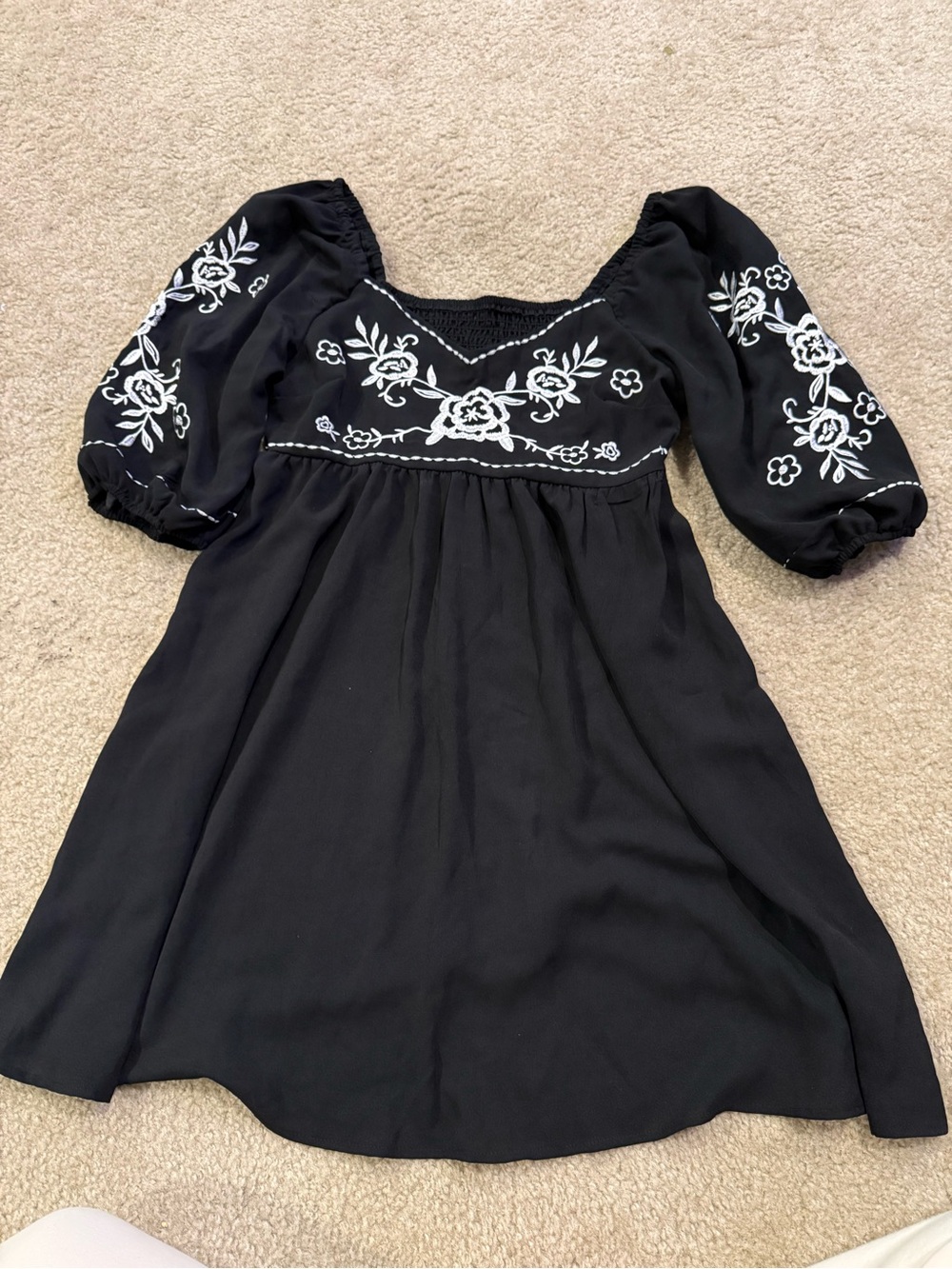 SHEIN Black Mini Dress with White Floral Embroidery